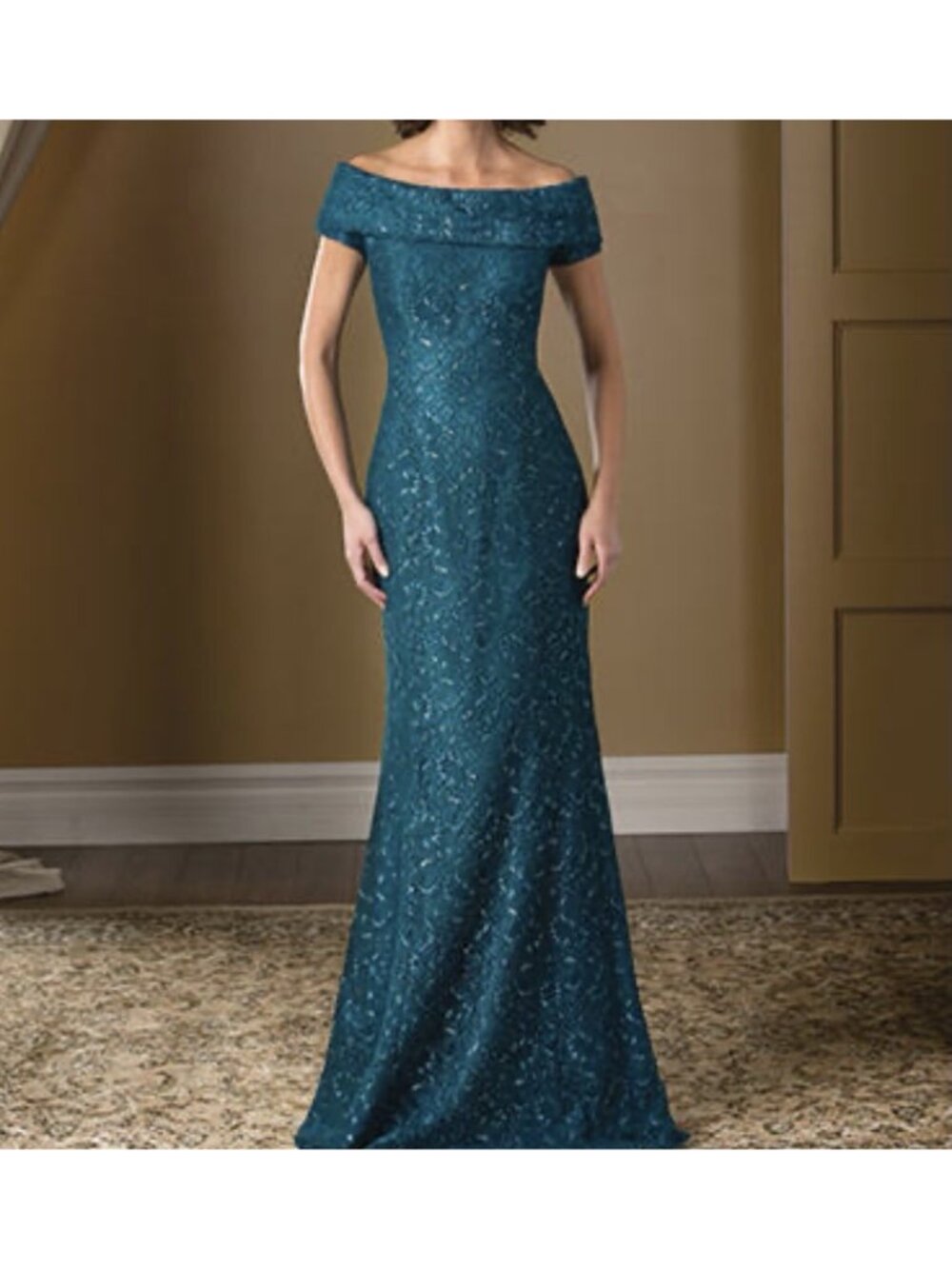 Women's Teal Evening Gown Lace Off-the-Shoulder Dress Lined Cap Sleeve Sz 14